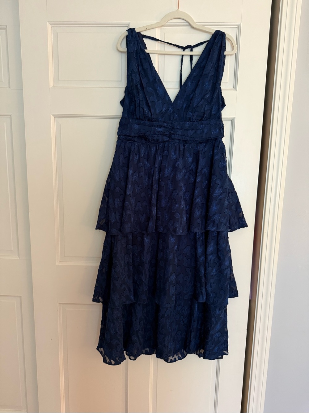Navy Blue Jacquard Tiered Midi Dress